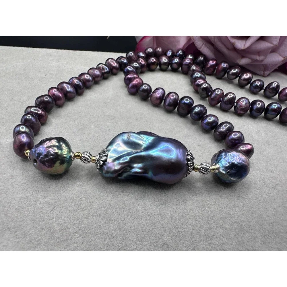 Baroque purple pearl necklace 925 sterling silver bi metal gold and silver jewel